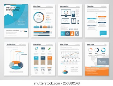 Collection Infographic elements for business brochures. Use in website, corporate brochure, advertising and marketing. Pie charts, line graphs, bar graphs and timelines.