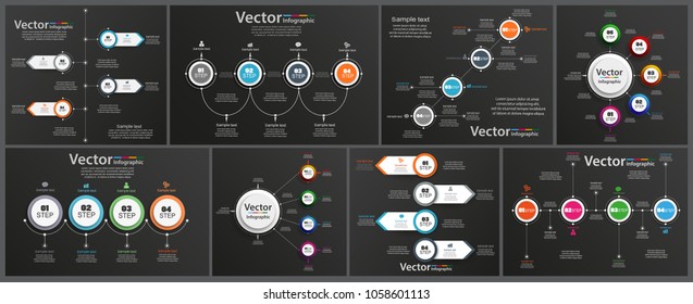 Collection of infographic on black background can be used for workflow layout, diagram, number options, web design. Infographic business concept with options, parts, steps or processes. Vector Eps 10