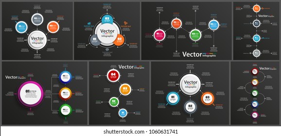 Collection of infographic on black background can be used for workflow layout, diagram, number options, web design. Infographic business concept with options, parts, steps or processes. Vector Eps 10