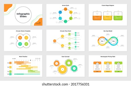 Collection of infographic presentation pages - hierarchy diagram or tree chart, pricing tables, devops model, work timeline. Modern infographic design template. Simple flat vector illustration.