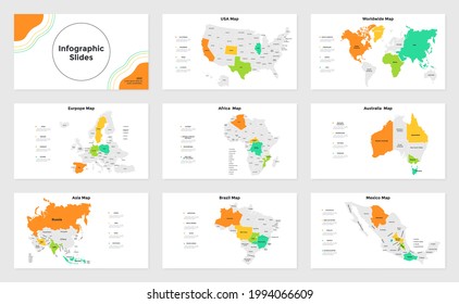 Collection of infographic presentation pages - maps of countries, continents and world divided by borders into states or territorial divisions. Infographic design template. Flat vector illustration.