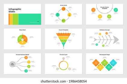 Collection of infographic presentation pages - rectangular stage chart, funnel diagram with colorful layers, fishbone concept, pizza graph. Minimal flat vector illustration for business analysis.