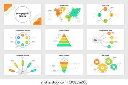 Collection of infographic presentation pages - world map with continent indication, iceberg chart, pyramid diagram, arrow cycle. Modern simple flat vector illustration for business data analysis.