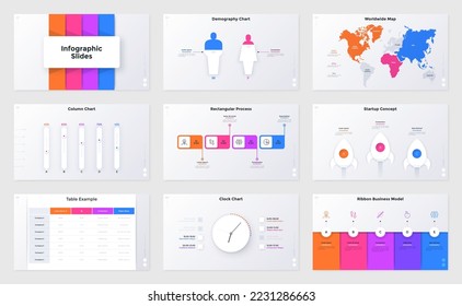 Collection of infographic presentation pages - world map, column diagram, comparison demography graph, clock chart, startup launch concept. Simple flat vector illustration for business data analysis.