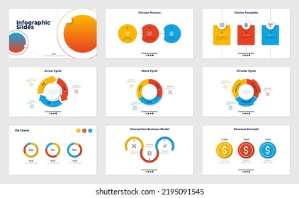 Collection of infographic presentation slides - arrow cycle diagram, pie charts with colorful sectors, revenue graph, progress bar. Minimal flat vector illustration for business data visualization.