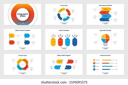 Collection of infographic presentation slides - arrow cycle chart, ribbon SWOT diagram, lightbulb graph, wave model. Simple flat vector illustration for business information visualization, report.