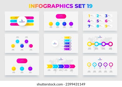 Collection of infographic presentation slides with flow charts, timelines, arrows and numbers banners