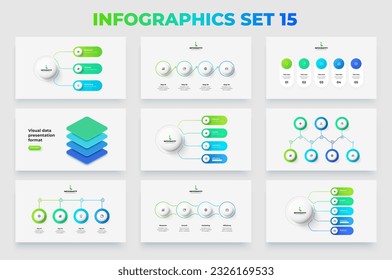 Colección de diapositivas de presentaciones infográficas con diagramas de flujo, líneas de tiempo y líneas delgadas