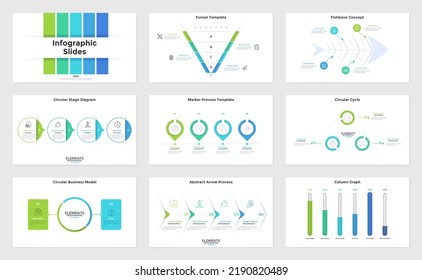 Collection of infographic presentation slides - funnel diagram, arrow progress bar, comparison graph with columns, ring-like chart. Minimal flat vector illustration for business data visualization.