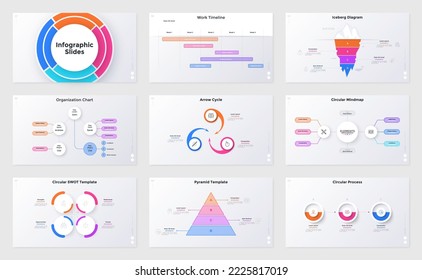 Collection of infographic presentation slides - iceberg diagram, hierarchy or tree chart, pyramid business model, SWOT graph, work timeline. Simple flat vector illustration for information amalysis.