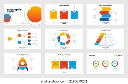 Collection of infographic presentation slides - layered pyramid diagram, pie charts, pricing table, arrow cycle. Simple flat vector illustration for business information analysis and visualization.