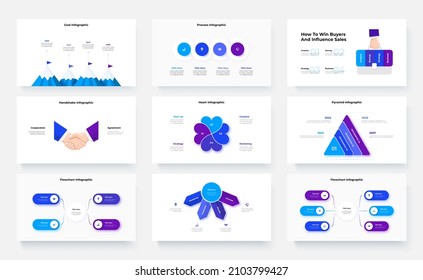 Colección de diapositivas de presentación infográfica - montañas, diagrama de corazón, diagramas de flujo, flechas y maletín. Ilustración vectorial creativa para el análisis de negocios.