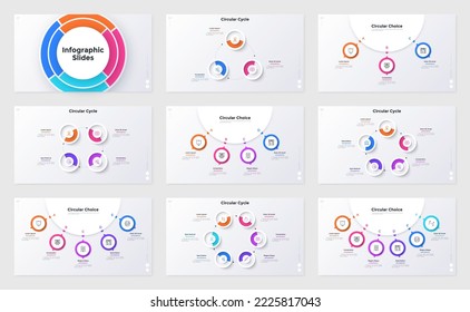 Collection of infographic presentation slides - ring-like charts, circular cyclic diagrams, choice graphs with round elements. Minimal flat vector illustration for business information analytics.