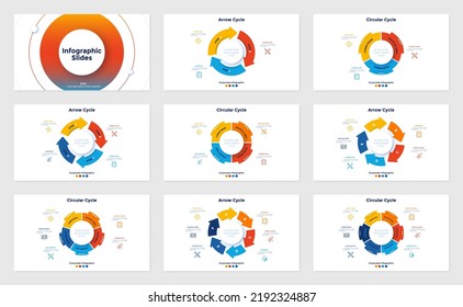 Collection of infographic presentation slides - round cyclic diagrams, ring-like pie charts, circular arrow graphs. Simple flat vector illustration for business data visualization, information report.