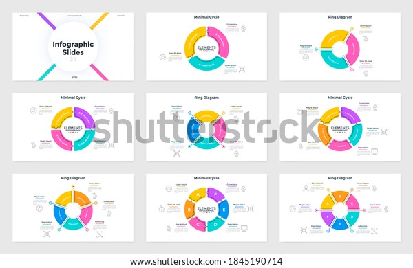 Collection of infographic presentation\
slides - round pie ring-like diagrams divided into colorful\
sectors. Flat vector illustration for business information analysis\
and cycle process\
visualization.
