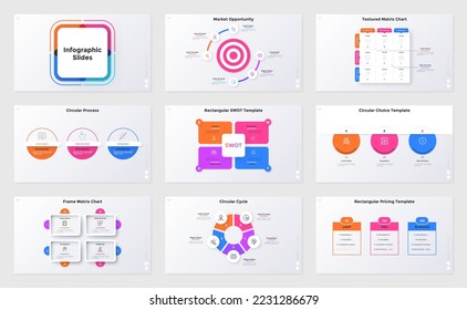 Collection of infographic presentation slides - SWOT diagram, ring-like pie chart, rectangular pricing tables, progress bar with round elements. Simple flat vector illustration for data visualization.