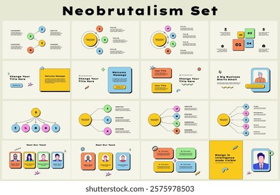 Collection of infographic presentation slides with team slides, flowchart and other diagrams. Business data analytics y2k trendy design.