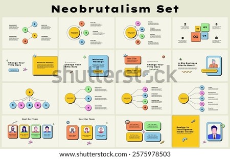Collection of infographic presentation slides with team slides, flowchart and other diagrams. Business data analytics y2k trendy design.