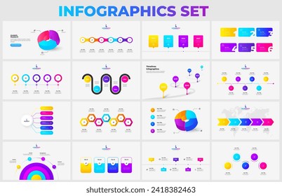 Colección de diapositivas de presentación infográfica con líneas de tiempo, gráficos circulares 3D, diagrama de flujo y otros diagramas. Ilustraciones de vectores para análisis de negocios