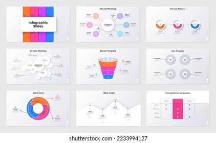 Collection of infographic presentation slides - wave timeline graph, sales funnel concept, ring-like pie chart, mind map with circular elements. Simple flat vector illustration for data analysis.