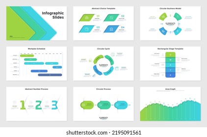 Sammlung von Infografik-Präsentationsfolien - Arbeitsplan oder Zeitplan, Bereichsdiagramm, abstraktes Zahlenprozessdiagramm, rundes zyklisches Diagramm. Einfache flache Vektorgrafik für die Visualisierung von Geschäftsdaten.
