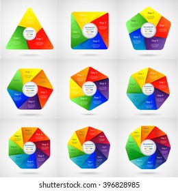 Collection of infographic templates for business with 3, 4, 5, 6, 7, 8, 9 and 10 options or steps. Vector illustration can be used for diagram, graph, presentation and chart.