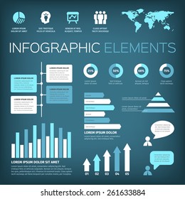 Collection of infographic vector illustration elements with world map and icons. Aquamarine color on gradient background.