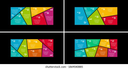 Collection of infographic vector for presentations, advertising, layouts, annual reports. 5, 6, 7, 8 options, steps, parts, performance review 