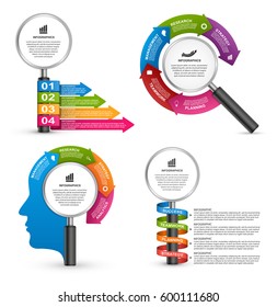 Collection infographics design template with magnifiers. Vector illustration.