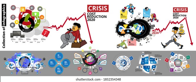 Collection of infographics template with cartoon character, vector