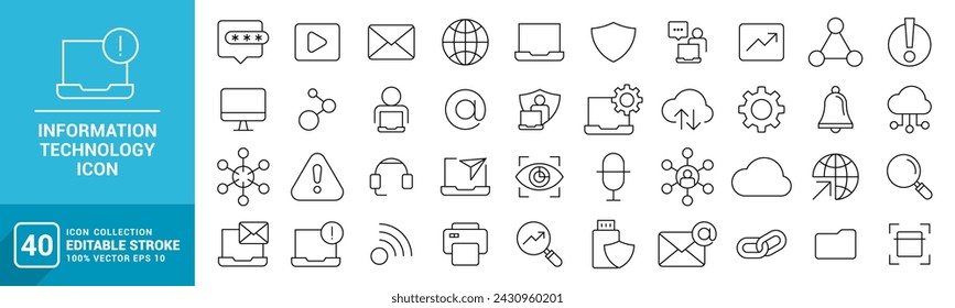 Collection of information technology icons, global internet, IT, system, network, data center, computer, vector template editable stroke, EPS 10.