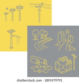 Collection of infrastructure icons isolated on a contrasting background. Yellow and gray buildings, roads, power supplies, sewerage, city street vector outline icons set 