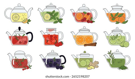Uma coleção de bule de chá infundido com ervas de frutas frescas e especiarias para bebidas saborosas