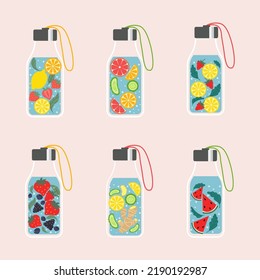 Colección de botellas de agua infundidas con paja. Bebidas de verano saludables para refrescos y fitness. Agua de frutas y verduras caseras con ingredientes de temporada.