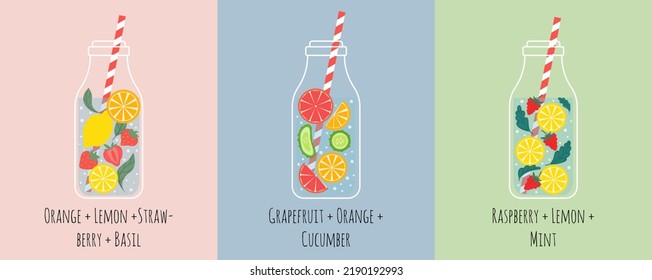 A collection of infused water bottles with straws. Healthy summer drinks for refreshment and fitness. Homemade fruit and vegetables water with seasonal ingredients.