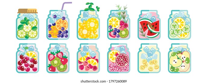 Collection of Infused water with mixed fresh  fruit for healthy concept