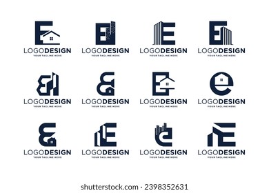 Collection of initial letter E with real estate symbol. Building logo design collection.