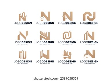 Collection of initial letter N with real estate symbol. Building logo design collection.