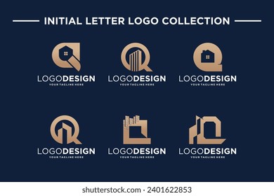 Colección de la letra inicial Q con símbolos inmobiliarios. Colección de diseños de logotipo de construcción.