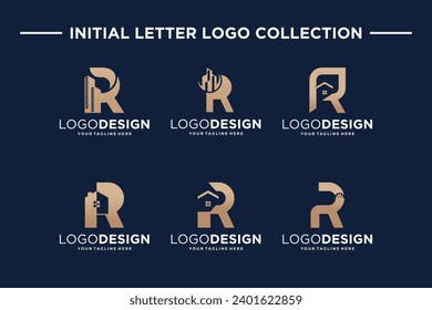 Colección de la letra inicial R con símbolos inmobiliarios. Colección de diseños de logotipo de construcción.