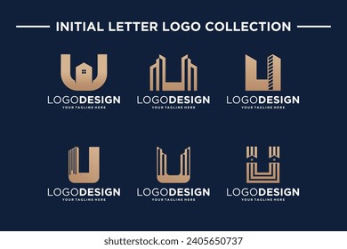 Colección de la letra inicial U con símbolos inmobiliarios. Colección de diseños de logotipo de construcción.