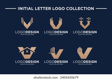 Collection of initial letter V with real estate symbols. Collection of building logo designs.