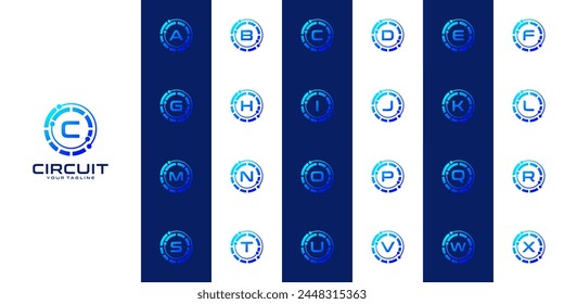 collection of initial letters a to z with logo design, technology circular lines and connection points for technology, digital, connection, data