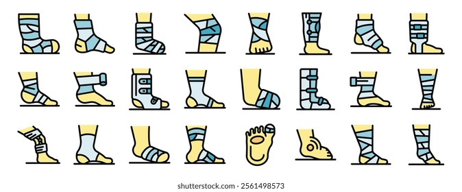 Collection of injured feet and ankles showcasing different types of bandages, braces, and supports, highlighting various stages of recovery and treatment