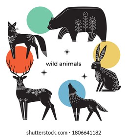 Collection of ink animals with scandinavian floral ornament. Wild animals for prints, posters, cards, t-shirts. Set of isolated animals: fox, wolf, bear, hare, deer.