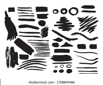 Collection of ink brush lines, abstract strokes, dirty graphic elements. Vector blot.