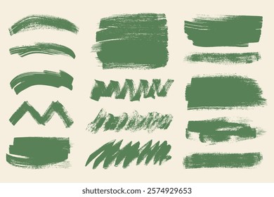 Collection of Ink Brush Strokes. Big Bold Brush Stroke Lines Set. Green thick grunge banners, underline and highlight brush textures for posters, presentations, ads 