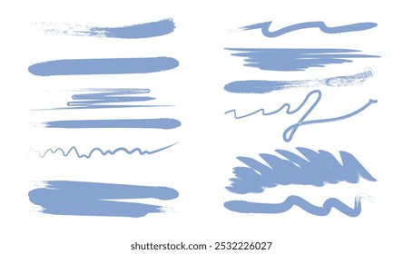 Collection of ink brush strokes. Blue brushtrokes. Dirty and grunge style. Minimalistic creativity and art. Watercolor borders pack. Flat vector set isolated on white background