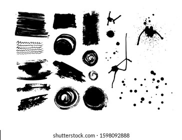 Collection of ink brush strokes and ink drops. Set of black paint  grunge design elements. Vector illustration