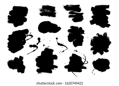 Collection of ink Brush Strokes. Set of vector Grunge Brushes. Dirty textures of banners, boxes, frames and design elements. Painted objects Isolated on white background